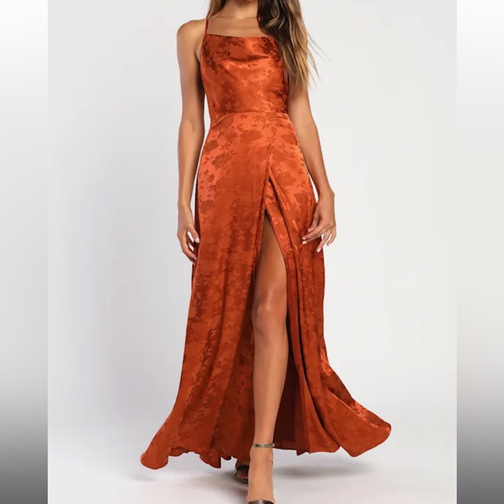 Lulus Simply Dreamy Rust Orange Satin Floral Jacquard Maxi Dress